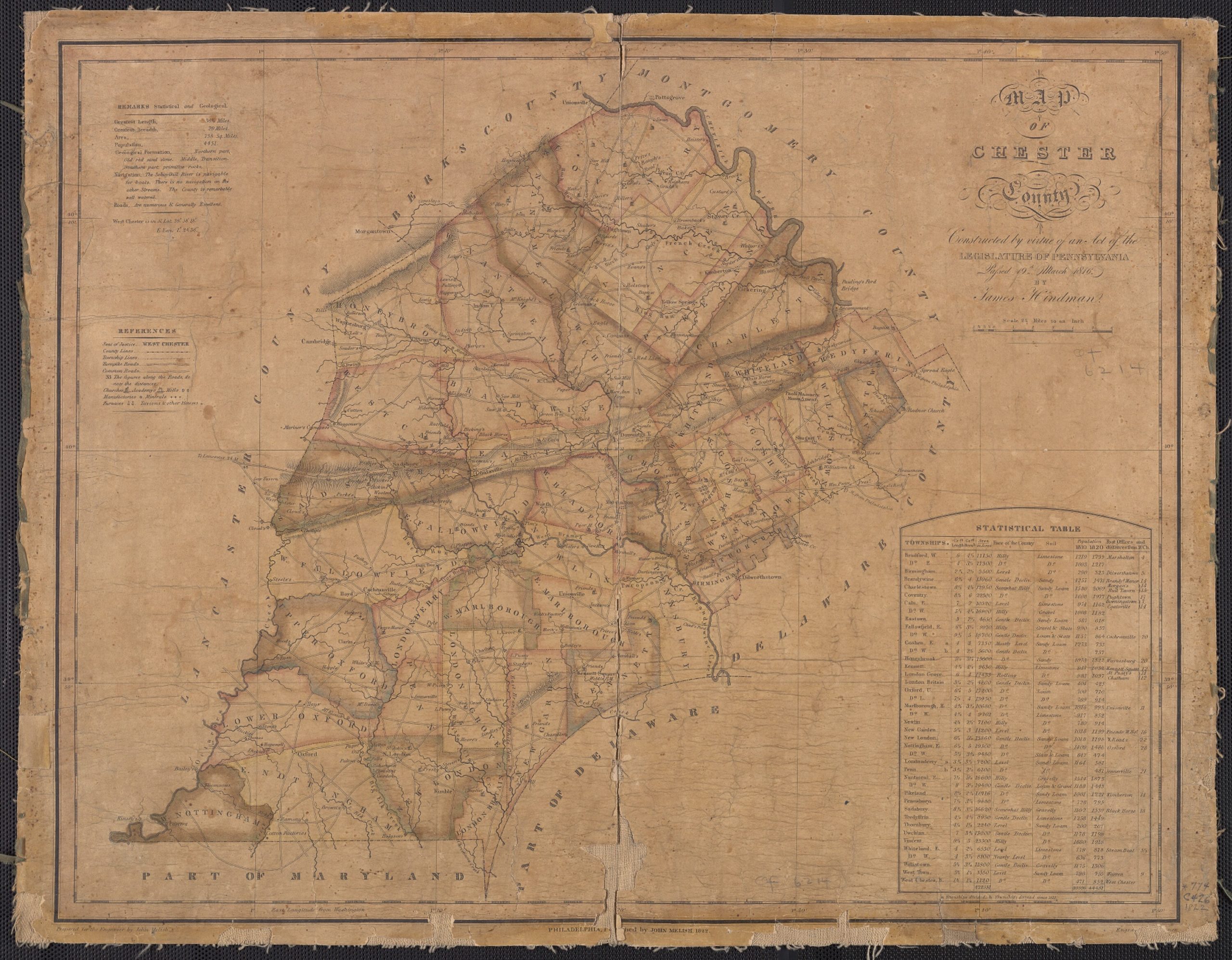 Chester County Map, 1816 by James Hindman